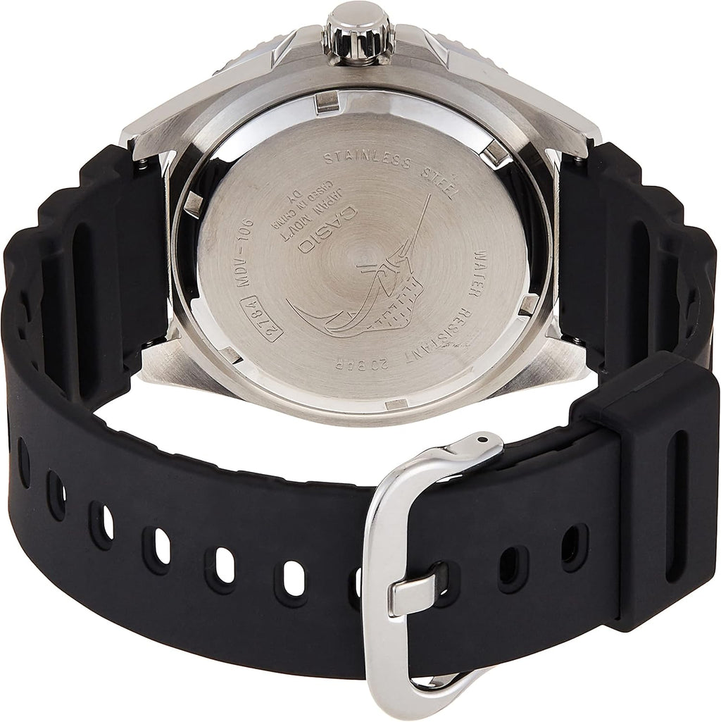 Casio MDV106 Series | Reloj analógico unisex | 200M WR | Caja de acero inoxidable | Correa de resina | Ahorro de 2 manecillas analógicas (Hora, Minuto, Seg) | Display de fecha | Corona atornillada / Bisel con fondo atornillado | Batería de 3 años