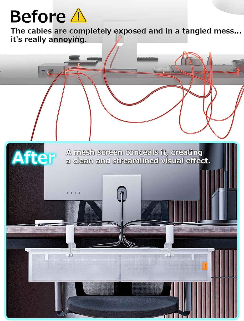 Bandeja de organización de cables para debajo del escritorio, sin taladro, bridas incluidas, material de lona ecológico, diseño de malla para disipación de calor, organizador de cables/almacenamiento