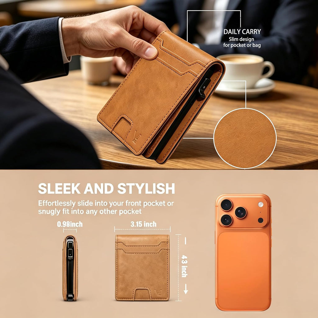 Cartera para hombre, con funda de metal, inteligente, delgada, con cierre magnético, 14-16 tarjetas, billetera triple de cuero con bloqueo RFID, bolsillo frontal