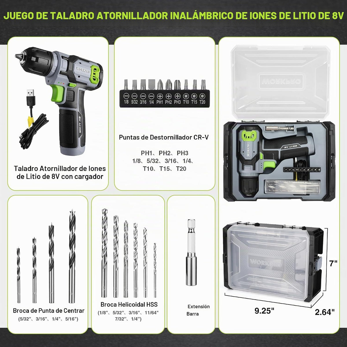 WORKPRO Power Drill Bit Set con Tool Box, 8V Cordless Drill Driver