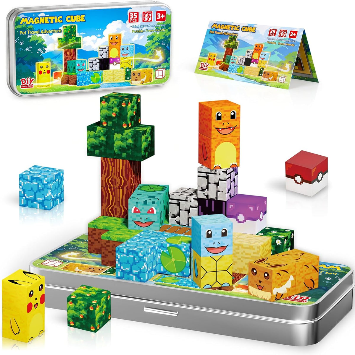 Juguetes de viaje para mascotas, 35 cubos magnéticos de construcción con estuche de almacenamiento de metal para niños de 3 a 8 años, juguetes de construcción STEM Montessori para niños pequeños