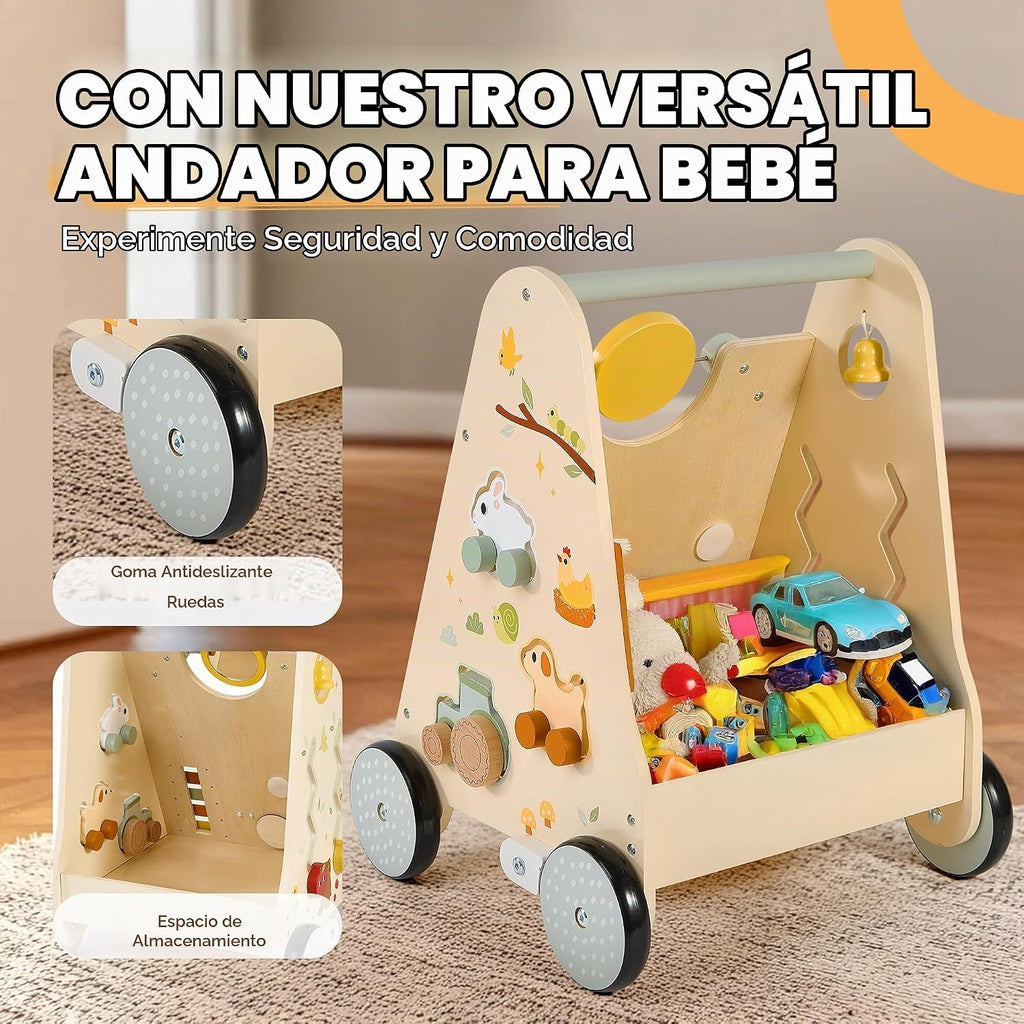 Andador de madera para bebés, andador de bebé con centro de actividades para niñas y niños, juguetes sensoriales Montessori para bebés que aprenden a caminar y sentarse a estar de pie