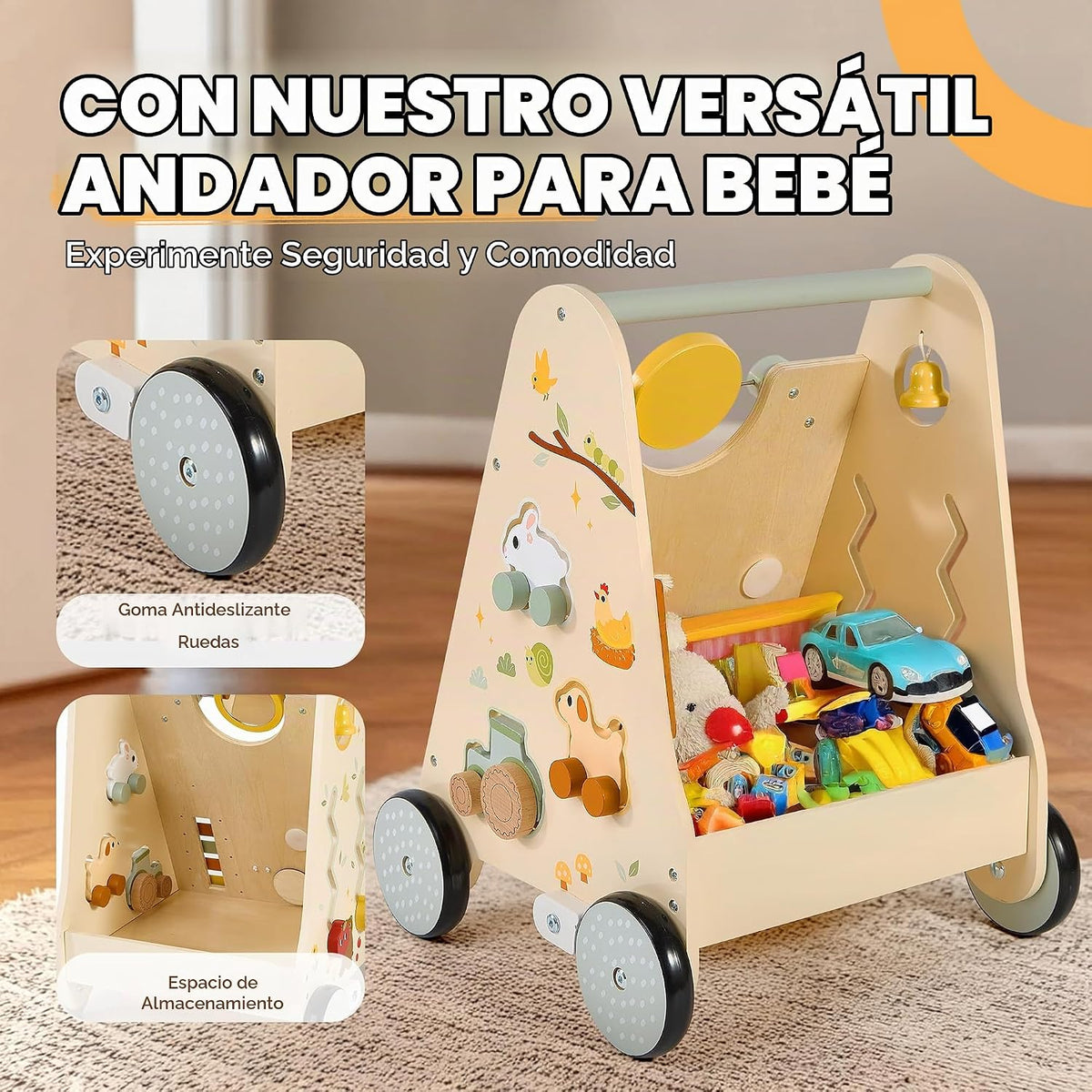 Andador de madera para bebés, andador de bebé con centro de actividades para niñas y niños, juguetes sensoriales Montessori para bebés que aprenden a caminar y sentarse a estar de pie