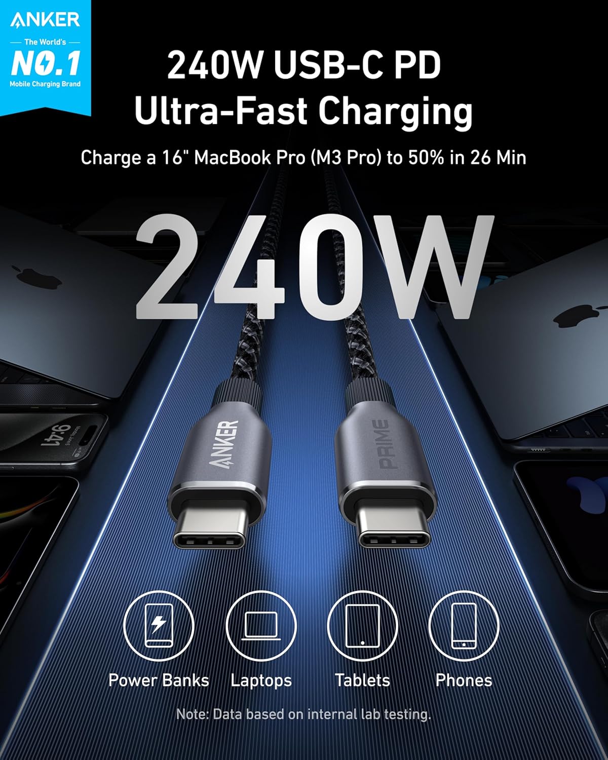 Anker Prime USB C a USB C Cable, 240W Fast carga Durable Cable (3 ft)