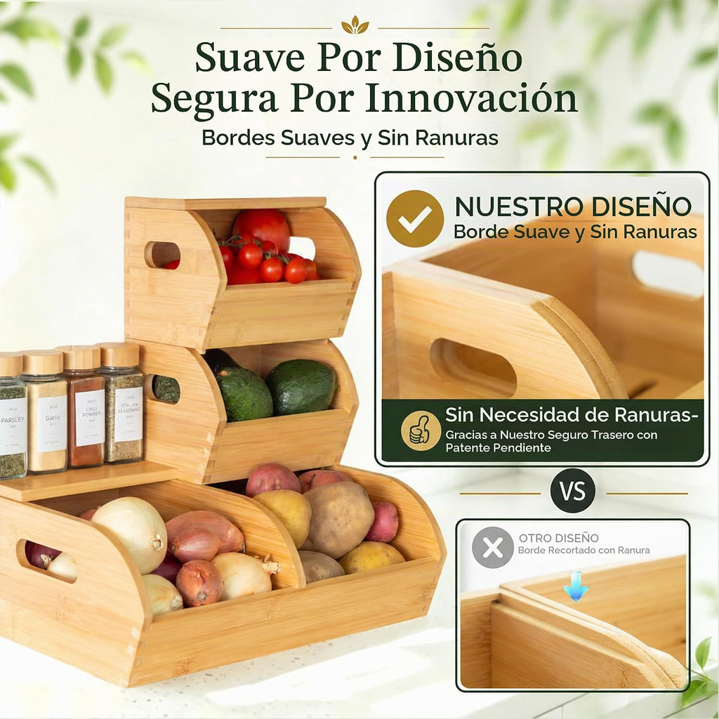 Papas de bambú y cebolla de almacenamiento de madera vegetal de ajo