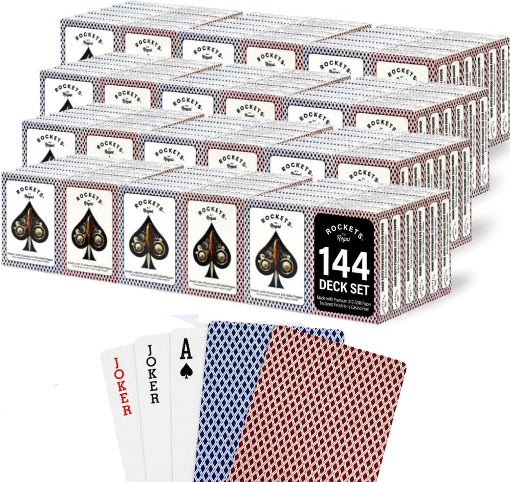 Regal Games [144 mazos] Rockets Juego de cartas a granel para adultos y profesionales - Acabado de lino de 310 GSM - Tarjetas de póquer para Blackjack, Euchre, Canasta - Grado de casino, tarjetas de viaje y noche de juego