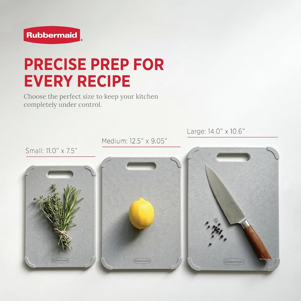 Rubbermaid Juego de tablas de cortar reversibles de fibra de trigo de 3 piezas, tablas de cortar para cocina, aptas para lavavajillas, esquinas antideslizantes, ligeras y fáciles de almacenar, tabla
