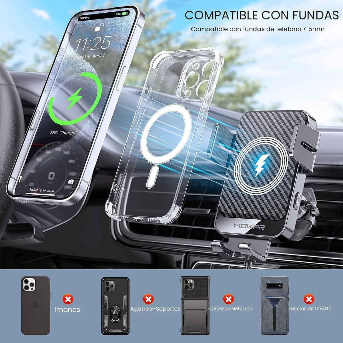 Cargador inalámbrico para automóvil MOKPR, cargador de auto de 15W con sujeción automática compatible con iPhone 16/15/14/13/13 Pro/12 pro/12/11, Samsung Galaxy S23/S22/S21/S20, etc