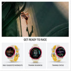 Garmin® Forerunner® 570, 42mm, Reloj inteligente avanzado GPS para correr y triatlón, pantalla AMOLED, funciones de entrenamiento y recuperación, aluminio frambuesa con banda translúcida hueso/mango