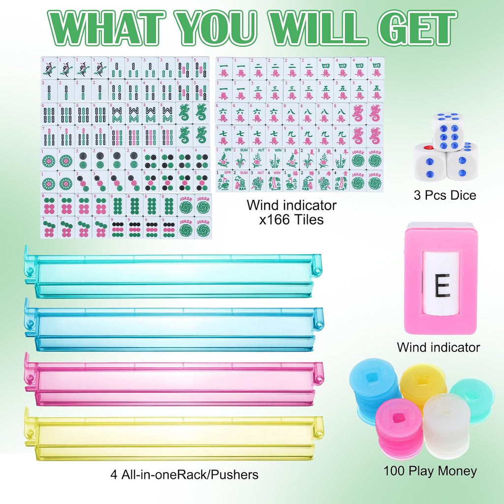Ceenna American Mahjong - Juego de azulejos de Mahjong, 166 azulejos, 4 bastidores y empujadores todo en uno, juego completo de Mahjong occidental con bolsa de transporte (verde, lindo)