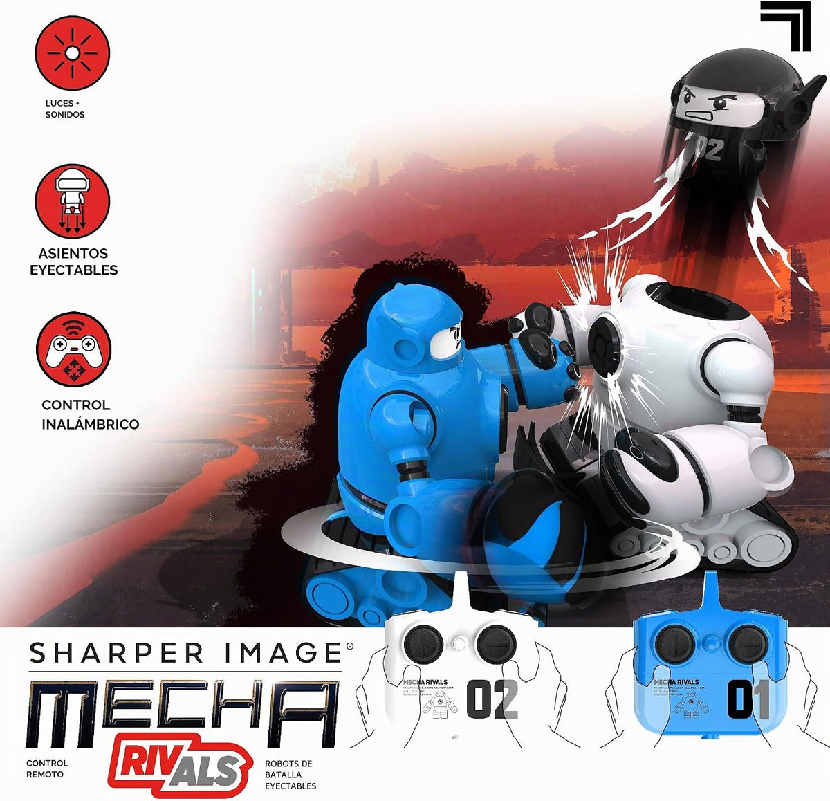Sharper Image Mecha Rivals - Robots de batalla con control remoto, juego de robots de lucha inalámbricos para dos jugadores con luces y sonidos, modos solo y versus, asientos eyectores