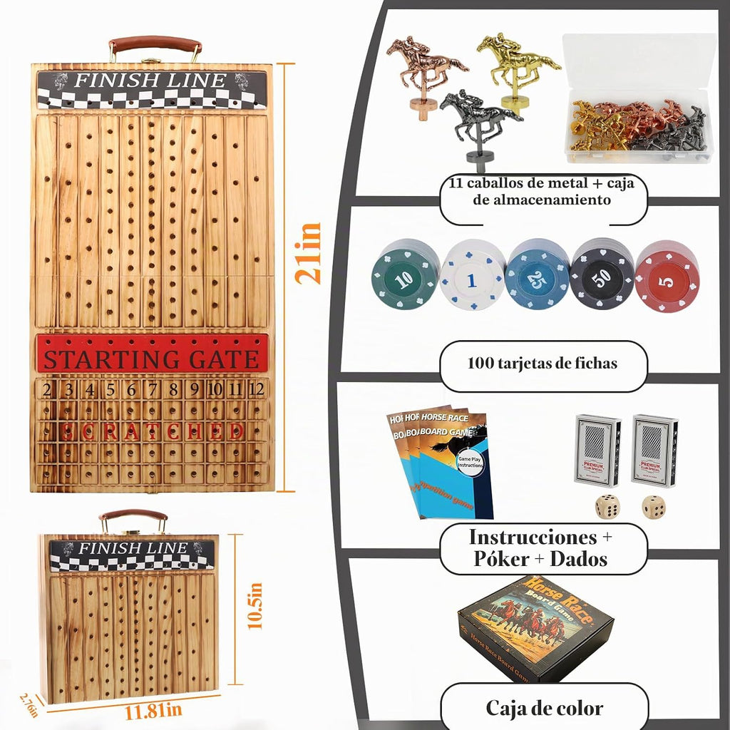 Juego de mesa de carreras de caballos de lujo, plegable con 2 cartas, 2 dados, 11 caballos de metal y 100 fichas, diseño plegable para todas las piezas, regalo para noches de juego de