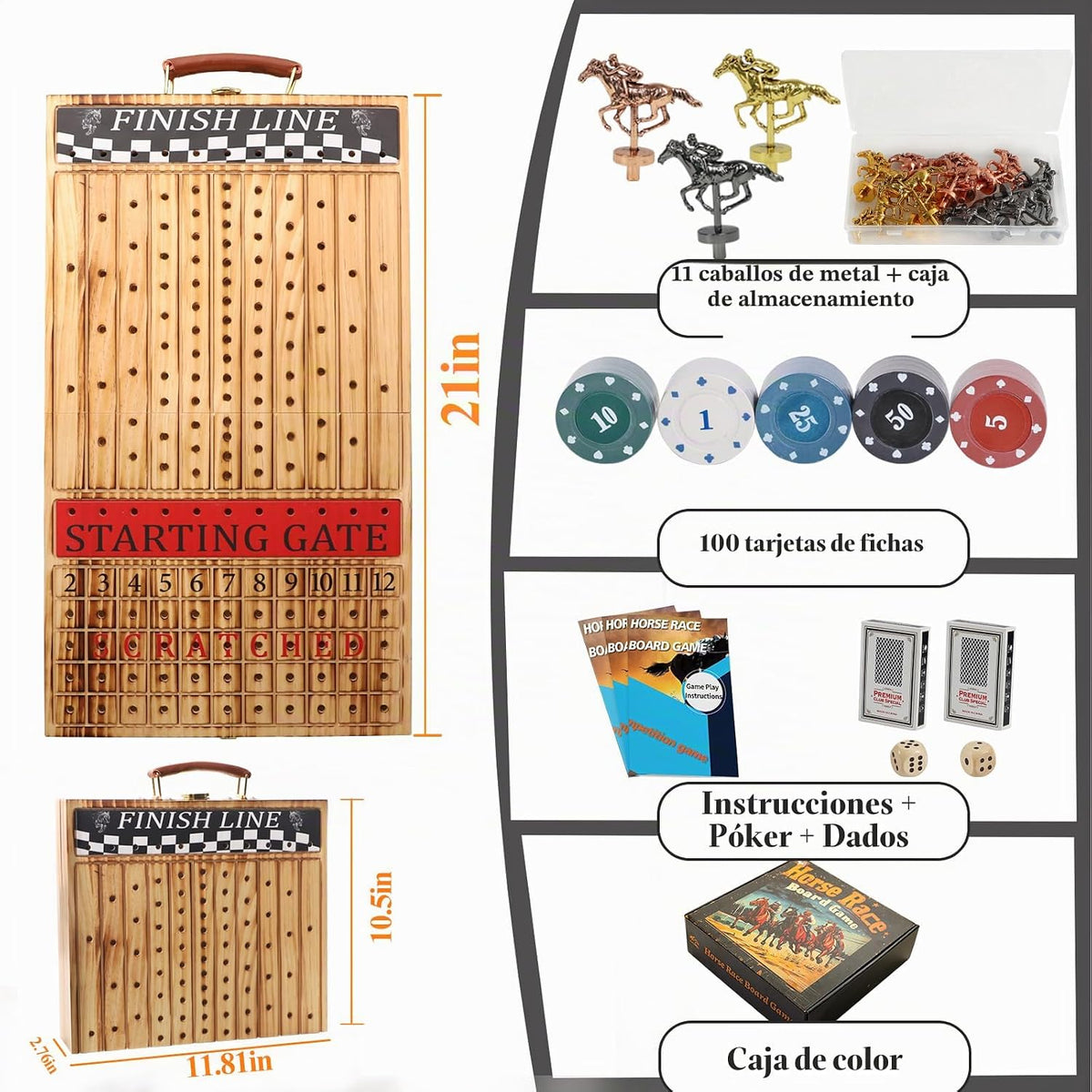 Juego de mesa de carreras de caballos de lujo, plegable con 2 cartas, 2 dados, 11 caballos de metal y 100 fichas, diseño plegable para todas las piezas, regalo para noches de juego de