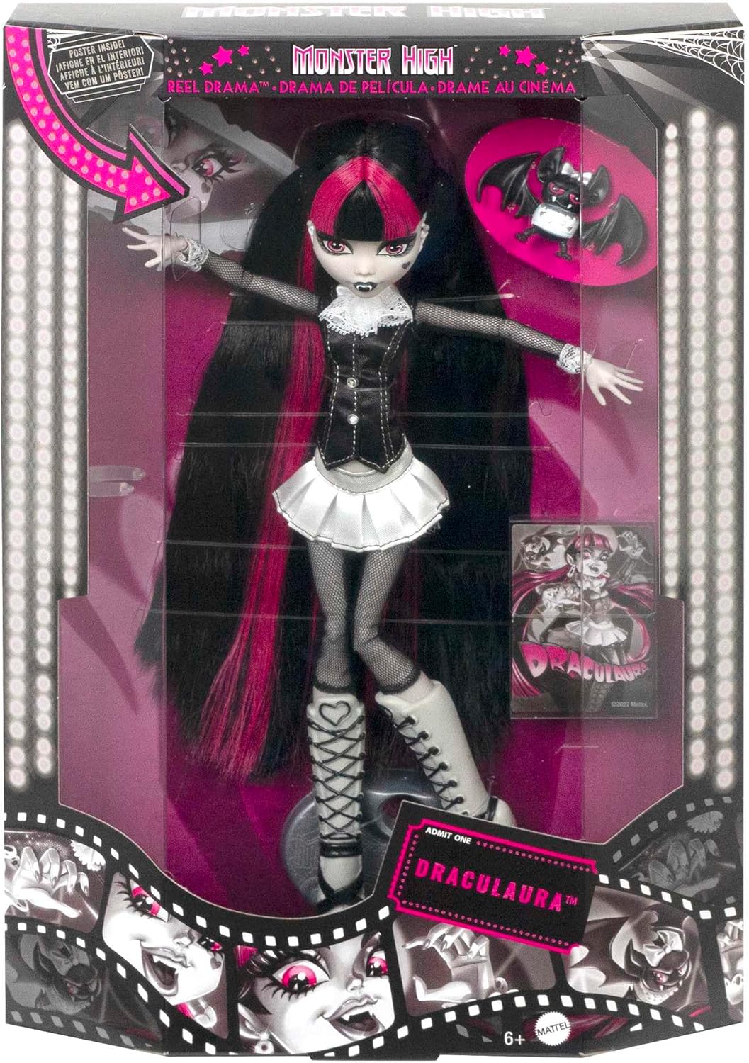 Monster High Reel Drama Muñeca, Draculaura en blanco y negro, repro...