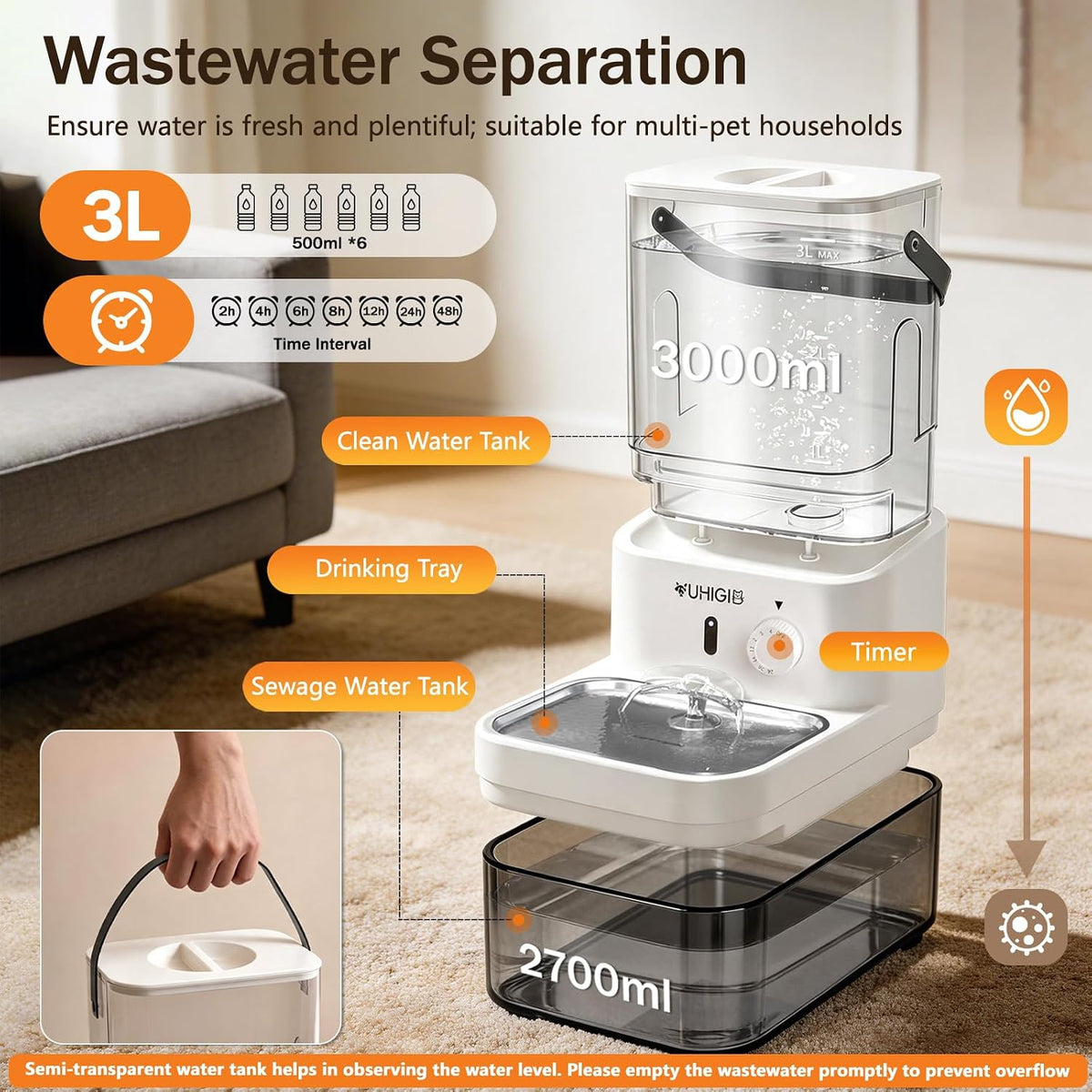 Fuente de agua inalámbrica para gatos 3L, separación de aguas residuales