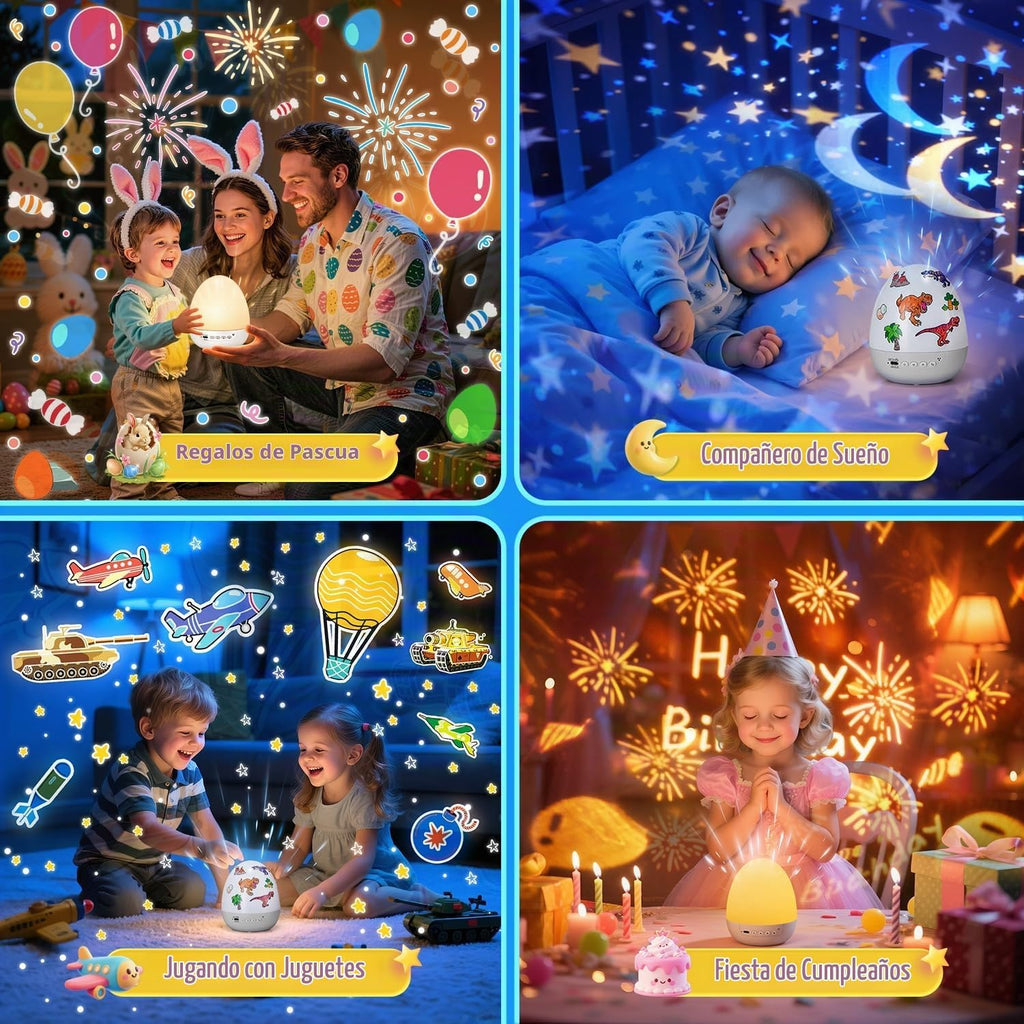 Lámpara Luz de huevo de dinosaurio para máquina de sonido de guardería | 15 sonidos para dormir+películas de 12HD+rotación de 360° | Regalos de dnio para niños, luz nocturna de huevo de dinosaurio de