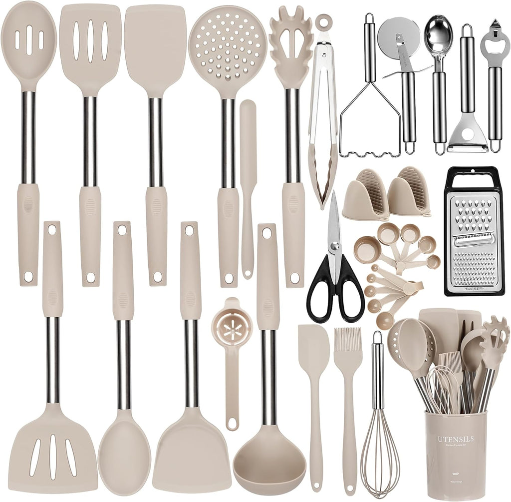 Juego de Utensilios de Cocina de Silicona, NCUE 35 Piezas Juego de Utensilios de Cocina con Soporte, con Mango de Acero Inoxidable Juego de Espátulas, Cucharas, Servidor de Pasta, Rallador de Queso