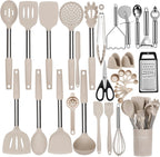 Juego de Utensilios de Cocina de Silicona, NCUE 35 Piezas Juego de Utensilios de Cocina con Soporte, con Mango de Acero Inoxidable Juego de Espátulas, Cucharas, Servidor de Pasta, Rallador de Queso