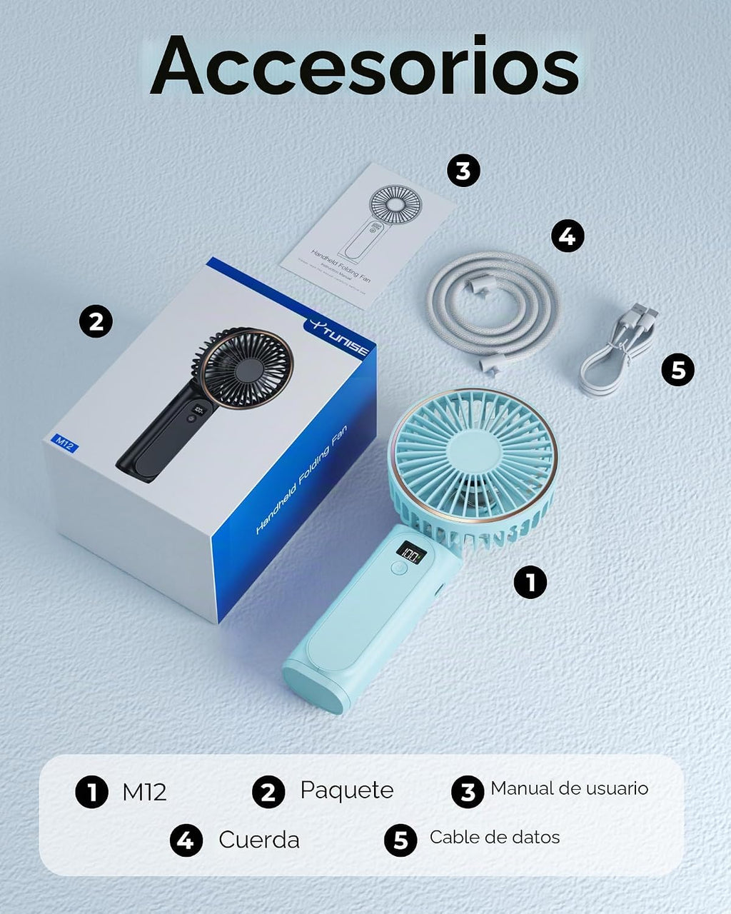 TUNISE Ventilador portátil de mano, 4000mAh, 180 ajustable, 6 veloc...