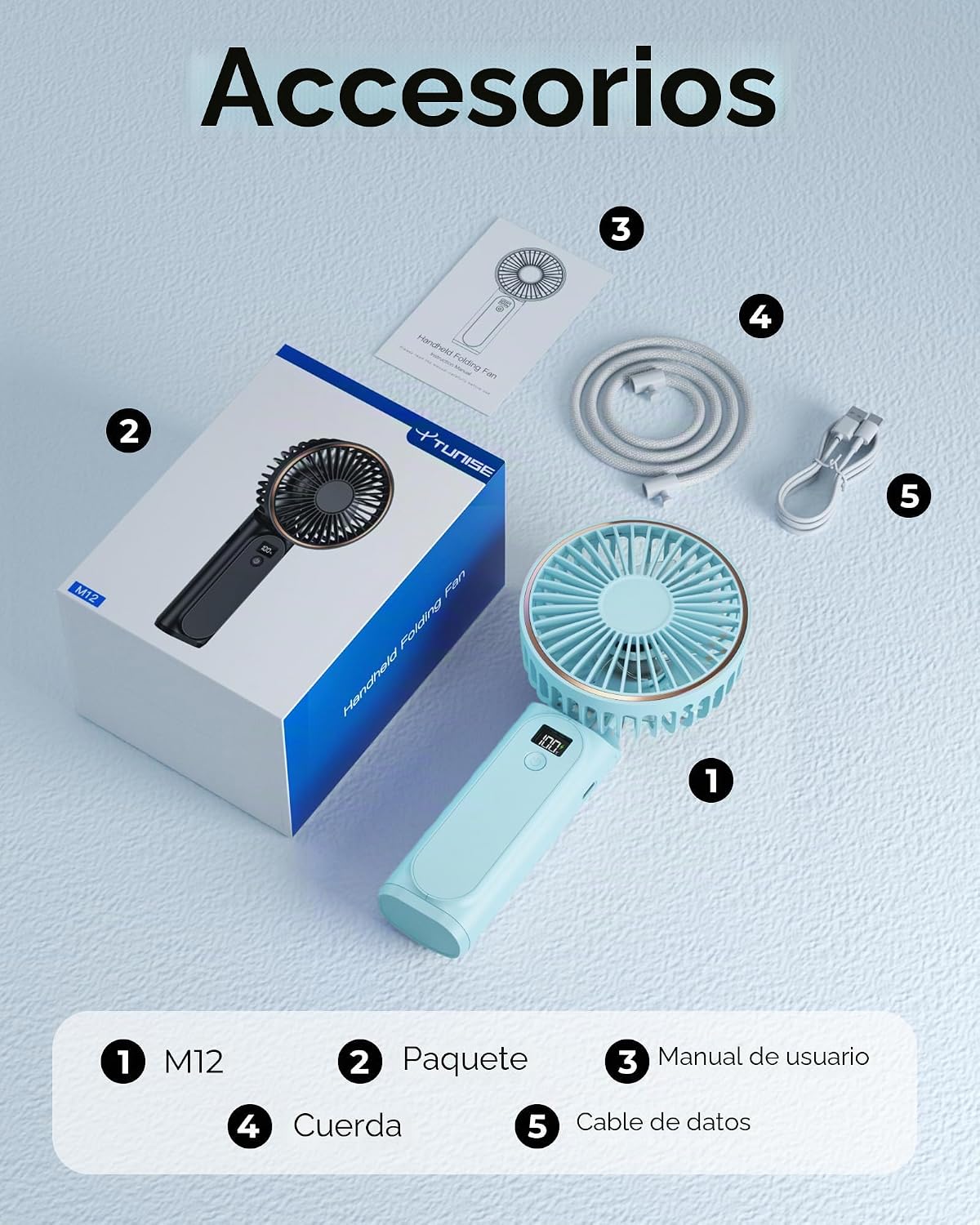 TUNISE Ventilador portátil de mano, 4000mAh, 180 ajustable, 6 veloc...
