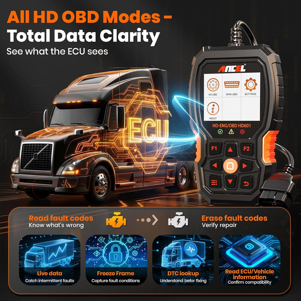 ANCEL Escáner de Camión Resistente HD601 Herramienta de Diagnóstico de Sistema Completo para Diésel Compatible con Cummins, Detroit, Freightliner, International, Paccar, Lector de Código 2 en 1 para