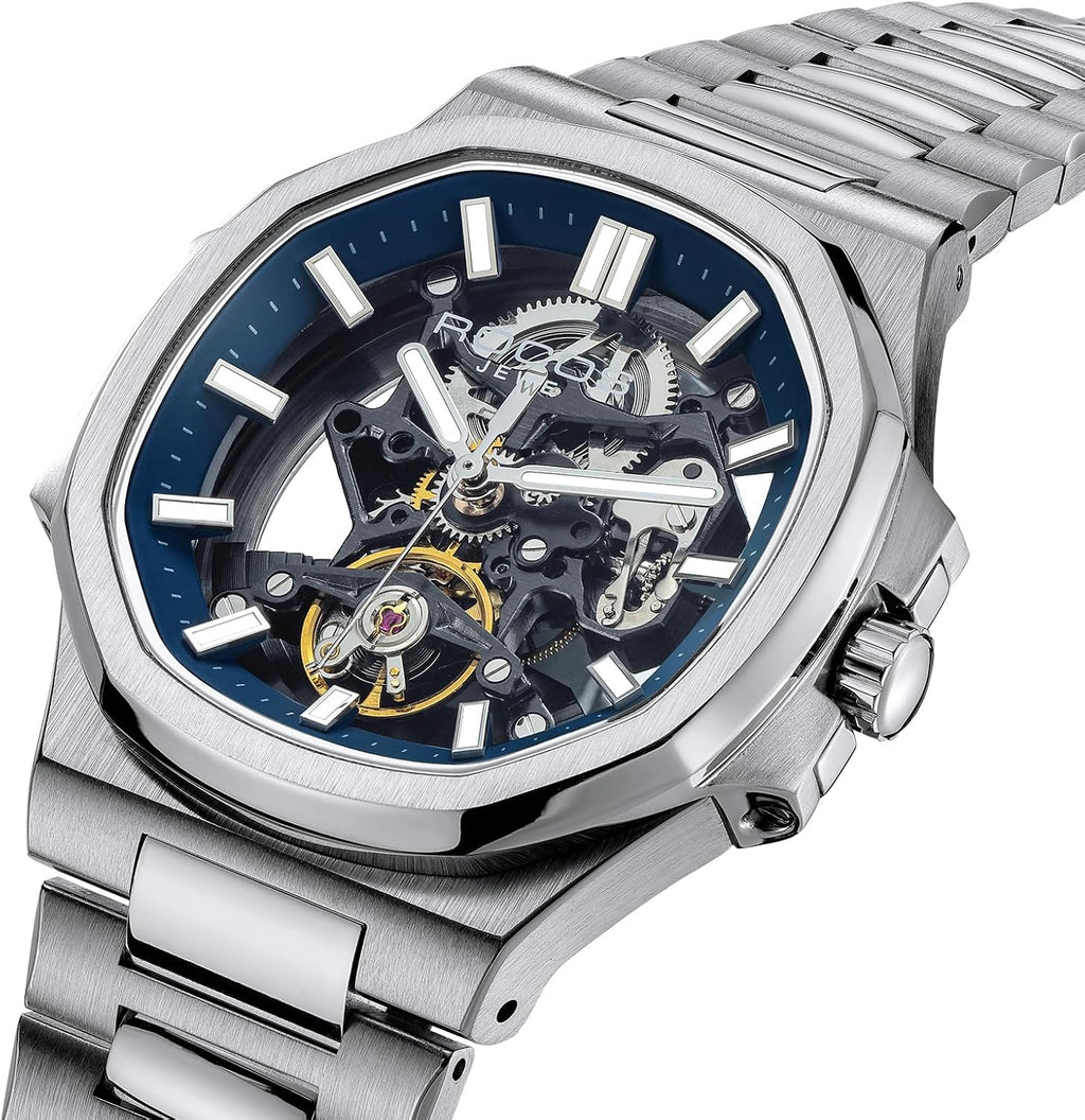 ROCOSJEWE Reloj Skeleton Automático de Lujo para Hombre, Reloj de Pulsera Mecánico de vestir, Remonte automático con esfera azul/negra, Joyería de acero inoxidable, manecillas luminosas, resistente al agua R0143