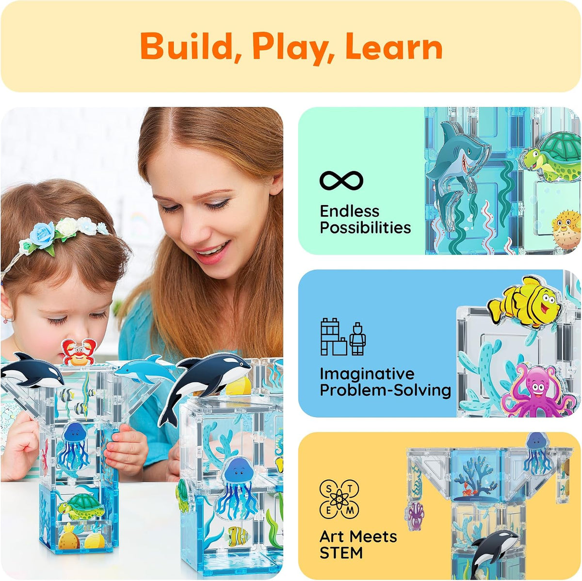 PicassoTiles Azulejos Magnéticos Bloques de construcción magnéticos para acuario, juego temático de animales marinos con 8 figuras de acción de personajes, tiburón, cangrejo, tortuga, juguetes STEM