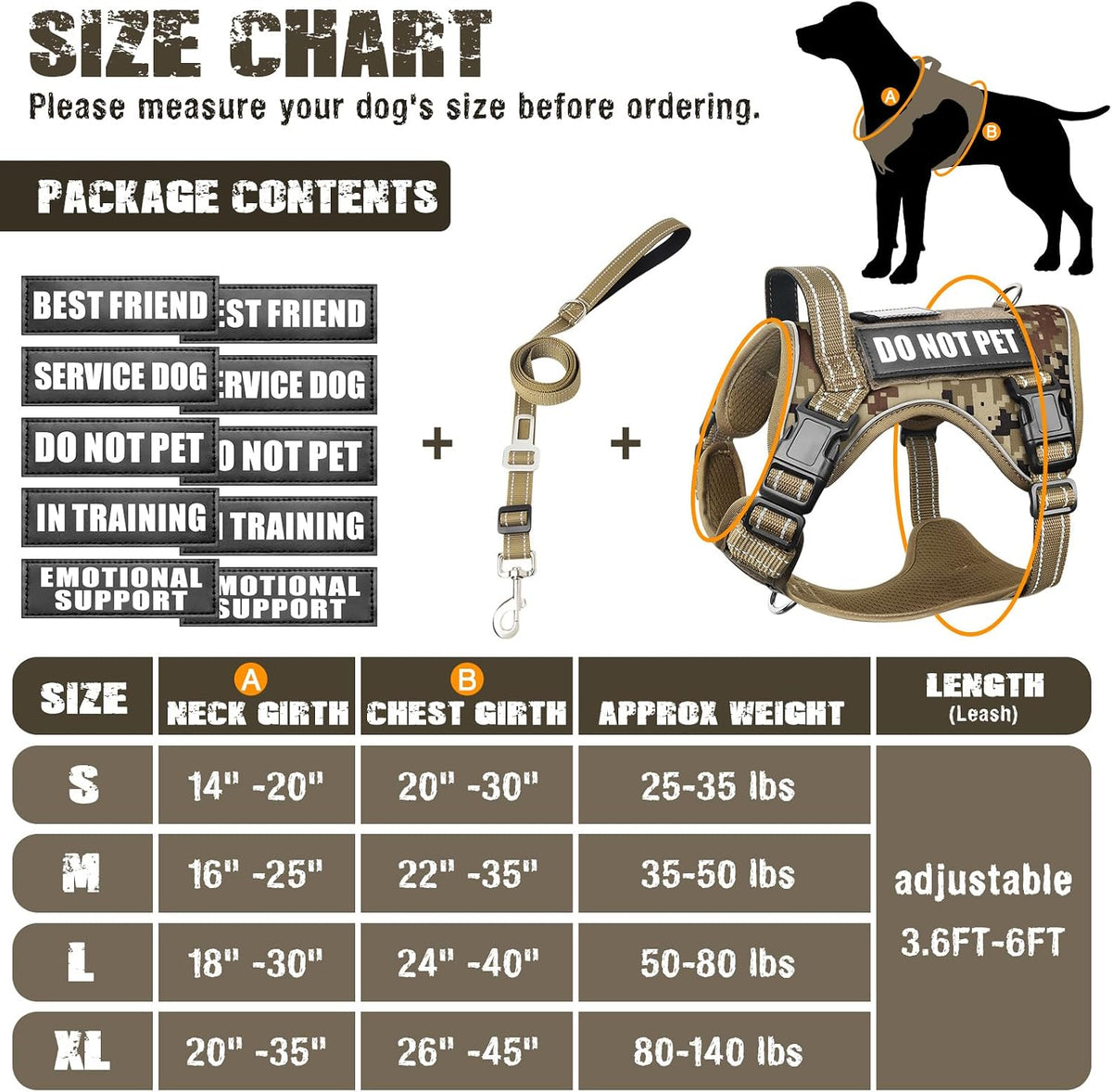 Juego de arnés táctico y correa para perros con 10 parches para perros grandes