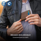Cartera para hombre, tarjetero desplegable delgado con bloqueo RFID, billetera triple minimalista con 10 ranuras para tarjetas, bolsillo para efectivo y 2 ventanas para identificación, funda