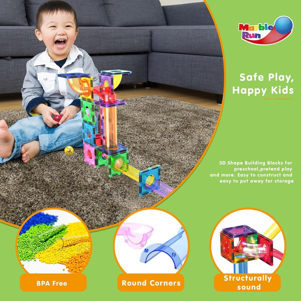 PicassoTiles Azulejos Magnéticos Pista de Canicas Bloques de Construcción Color Arcoíris con Tobogán Embudos de Caída Tubos Juguete Educativo STEM Set Compatible Kit de Construcción Duradero para