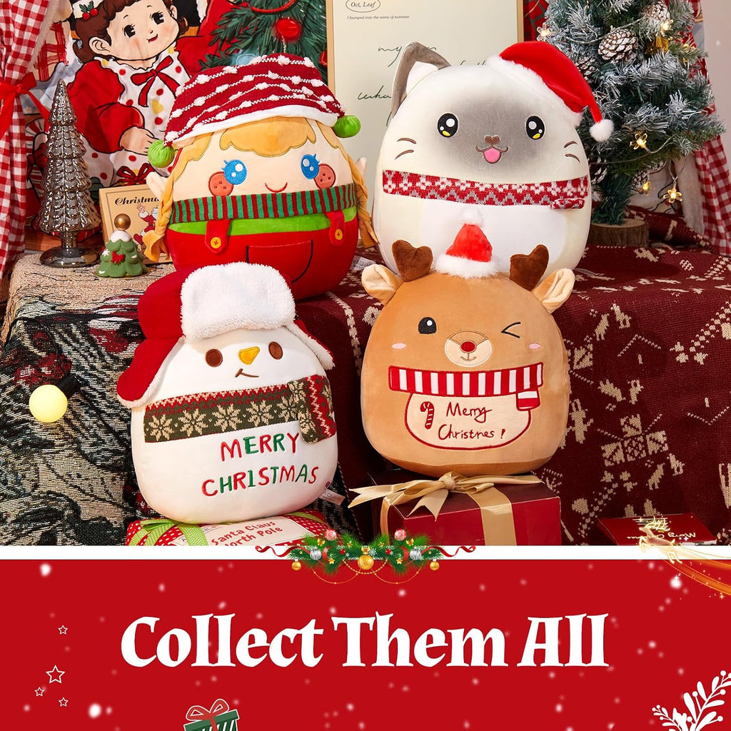 Athionsu - Almohada de felpa de gato de Navidad de 14 pulgadas con sombrero de Papá Noel, animal de peluche suave y tierno para decoración de Navidad y regalos, adorable almohada blanda para niños