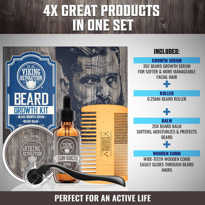 Kit de crecimiento de barba - aceite, bálsamo, suero, rodillo Derma...