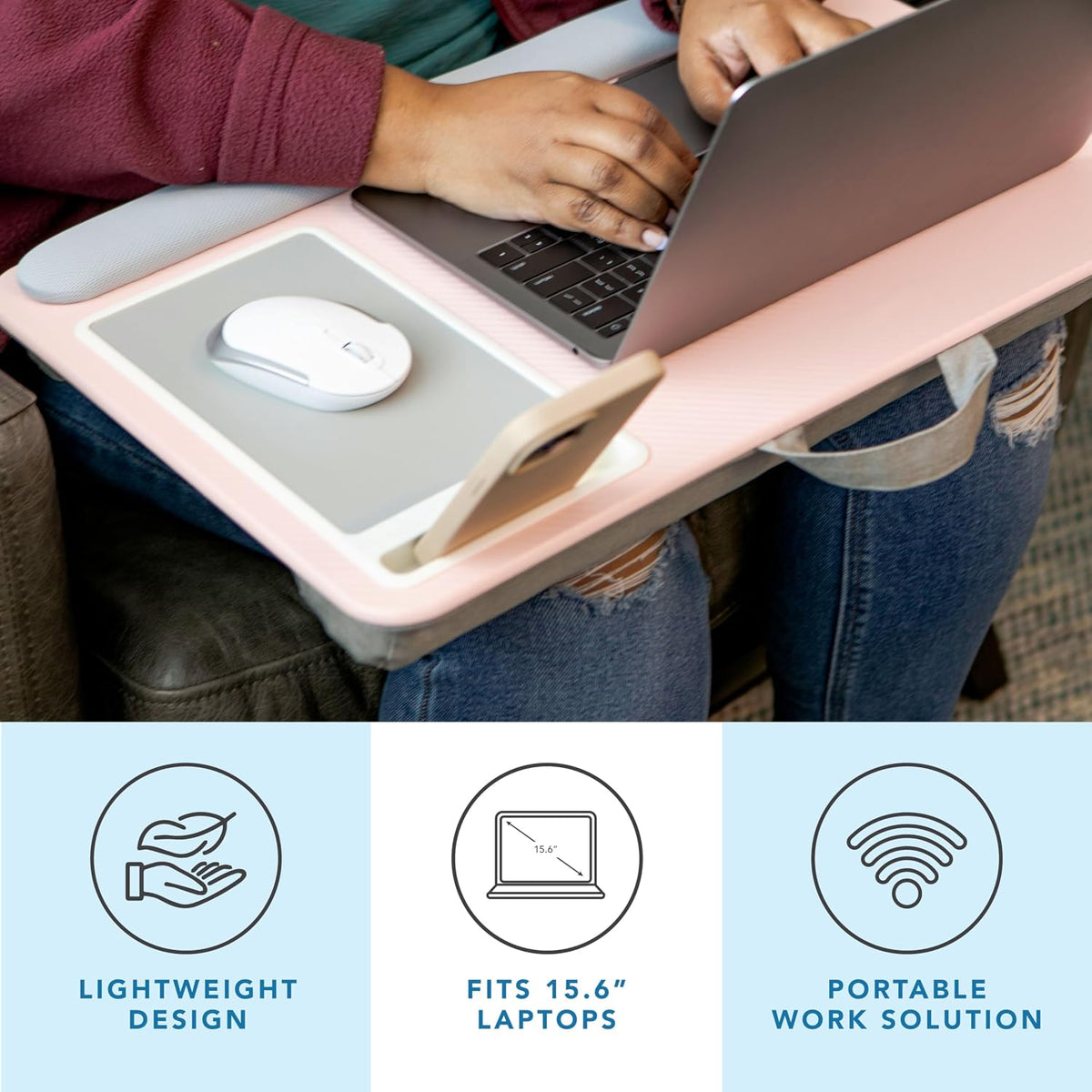 LAPGEAR Home Office Pro Lap Desk – Pink, Fits 15.6” Laptops