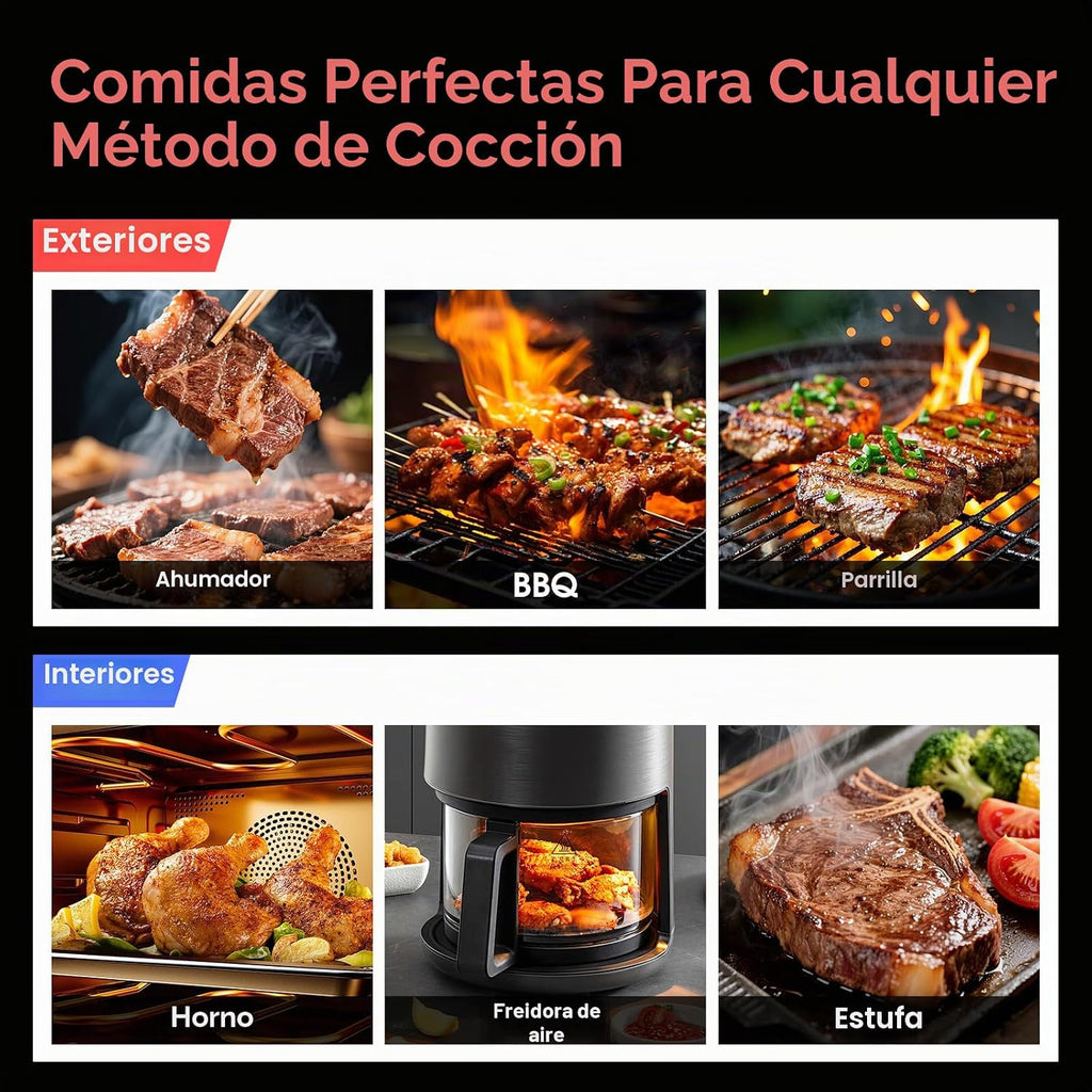 Termómetro inalámbrico inteligente WiFi para carne con alcance ilimitado, 7 sensores certificados NIST, precisión de ±0.5°F, Sub-1G (10 veces más fuerte que Bluetooth), APP y base digital
