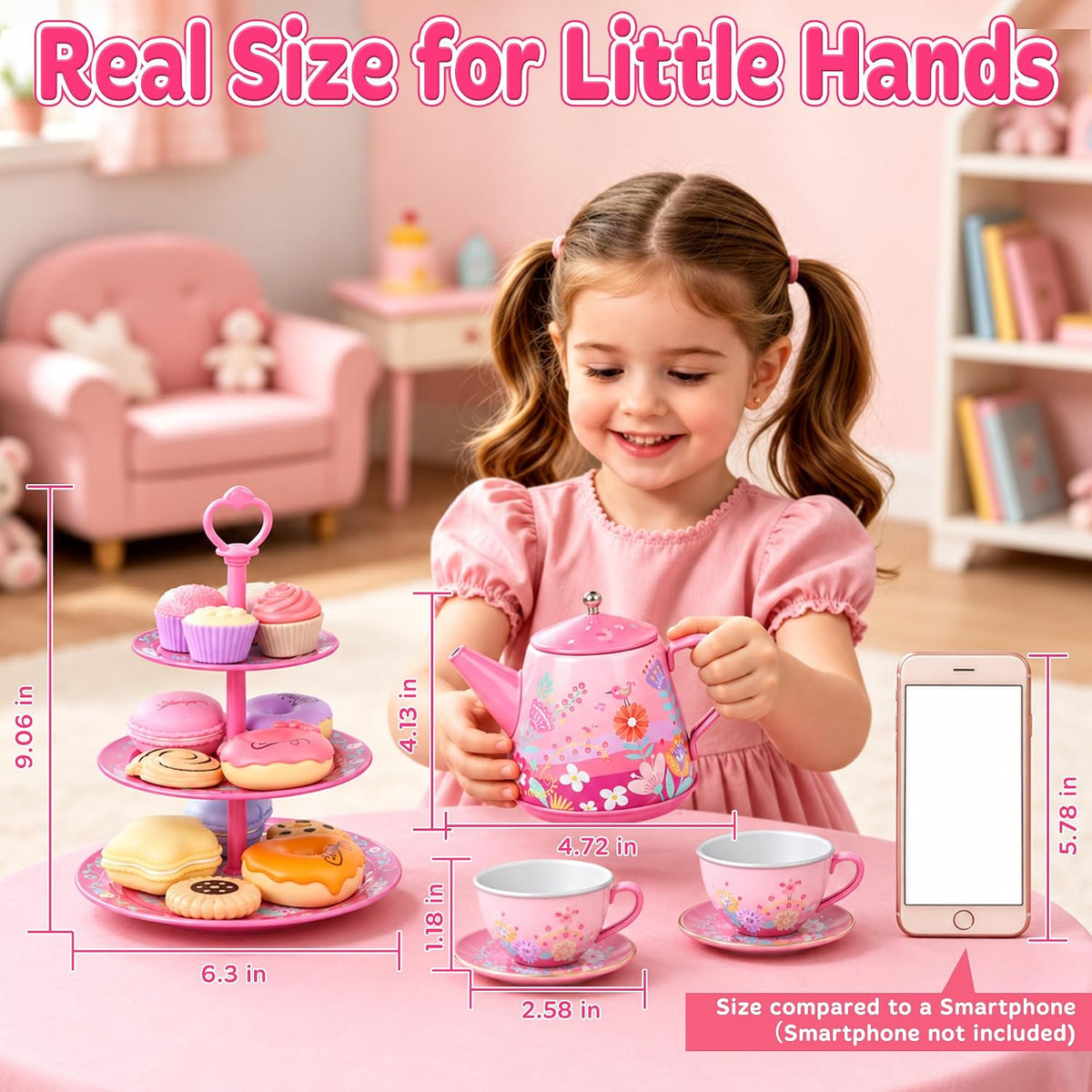 Juego de fiesta de té para niños de 3 a 5 años, PRE-WORLD juego de té musical para niñas pequeñas con postres, galletas, donas, pastel, soporte para pastel, mantel y estuche de transporte, juguetes de