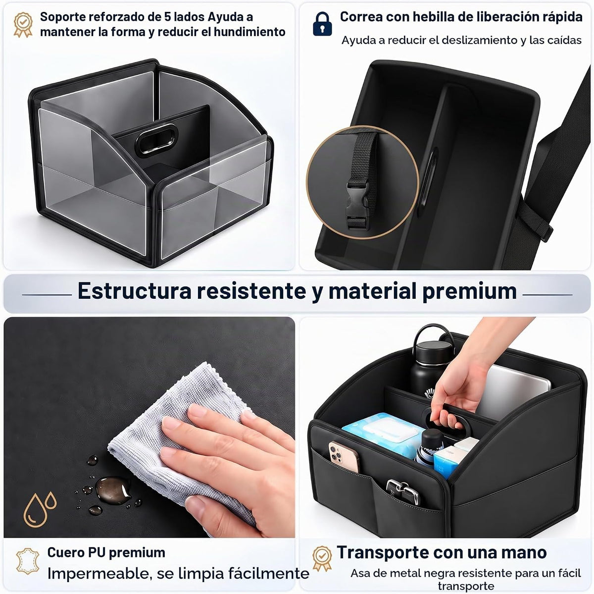 Organizador de Almacenamiento para Coche [ACTUALIZADO 2025] Cesta Caddy de Cuero para Coche para Piso del Asiento Delantero Asientos Traseros Mango de Metal 6 Compartimentos Hebillas de Correas