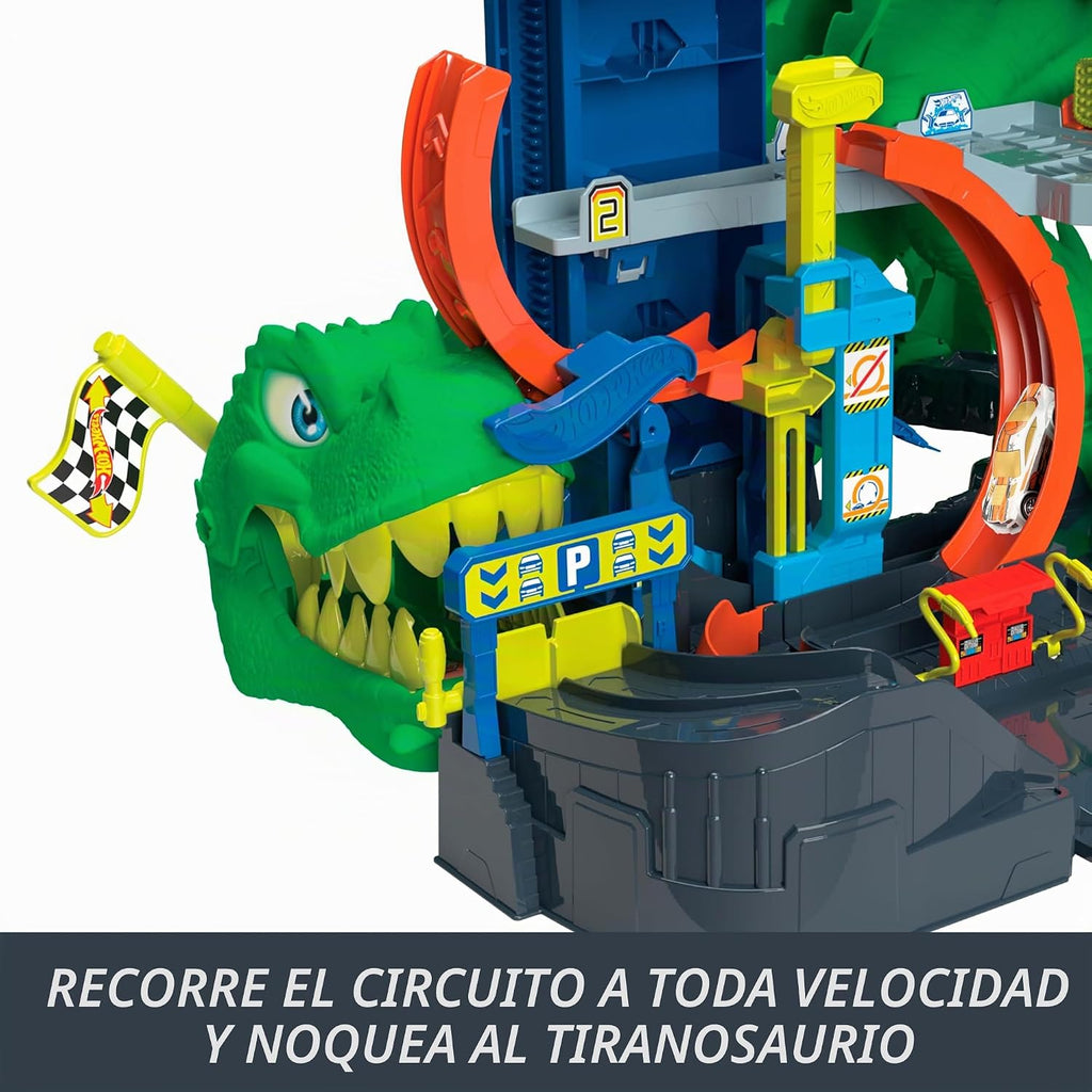 Hot Wheels Juego de pistas de autos de juguete, garaje City Ultimate T-Rex con Dino Nemesis, vehículos fundidos a presión a escala 2 1:64 y almacenamiento para mayores de 50 años, desafío de carreras