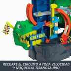 Hot Wheels Juego de pistas de autos de juguete, garaje City Ultimate T-Rex con Dino Nemesis, vehículos fundidos a presión a escala 2 1:64 y almacenamiento para mayores de 50 años, desafío de carreras