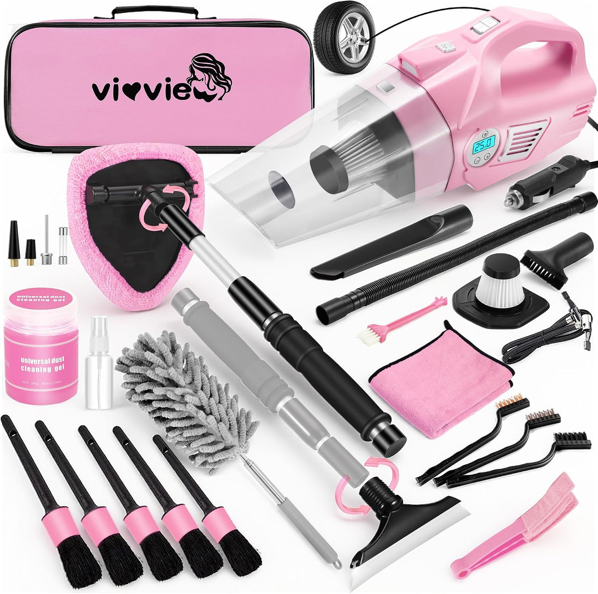 Kit de limpieza de coche rosa, kit de detalles de 25 piezas para interior con aspiradora de mano 4 en 1, juego de cepillos para detalles, herramienta de limpieza de parabrisas 2 en 1, accesorios de automóvil para limpieza, regalo para mujeres