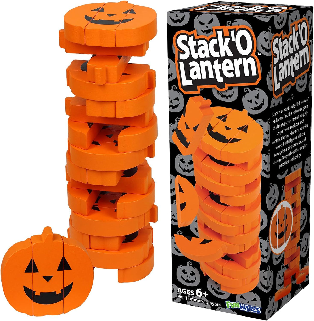 Funwares Stack-O-Lantern Juego de apilamiento de Halloween, bloques de madera de calabaza