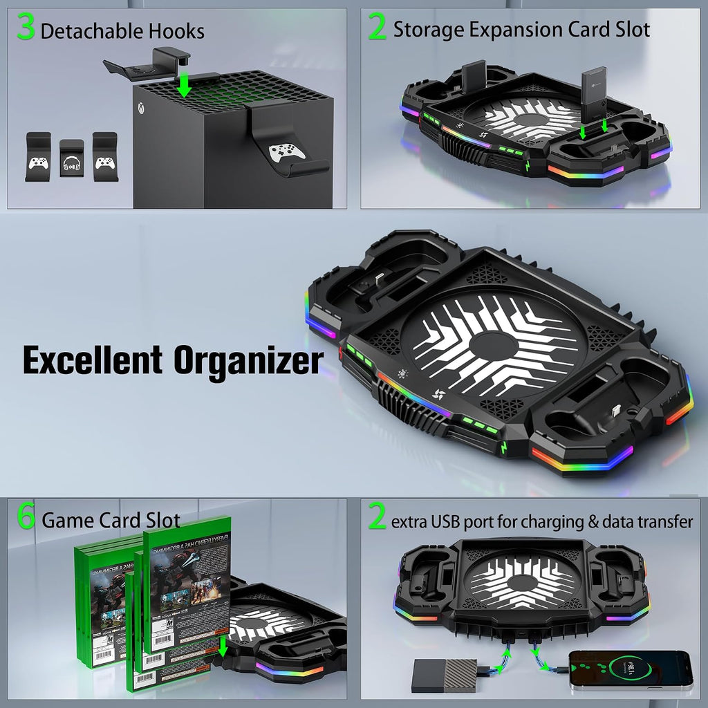 Ventilador de refrigeración con estación de carga para consola Xbox Series X y controlador - Sistema vertical de 15 modos RGB de soporte más fresco, bajo ruido, reduce eficazmente la temperatura de la consola y carga rápida controlador