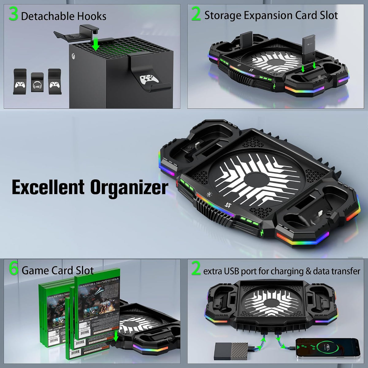 Ventilador de refrigeración con estación de carga para consola Xbox Series X y controlador - Sistema vertical de 15 modos RGB de soporte más fresco, bajo ruido, reduce eficazmente la temperatura de la consola y carga rápida controlador