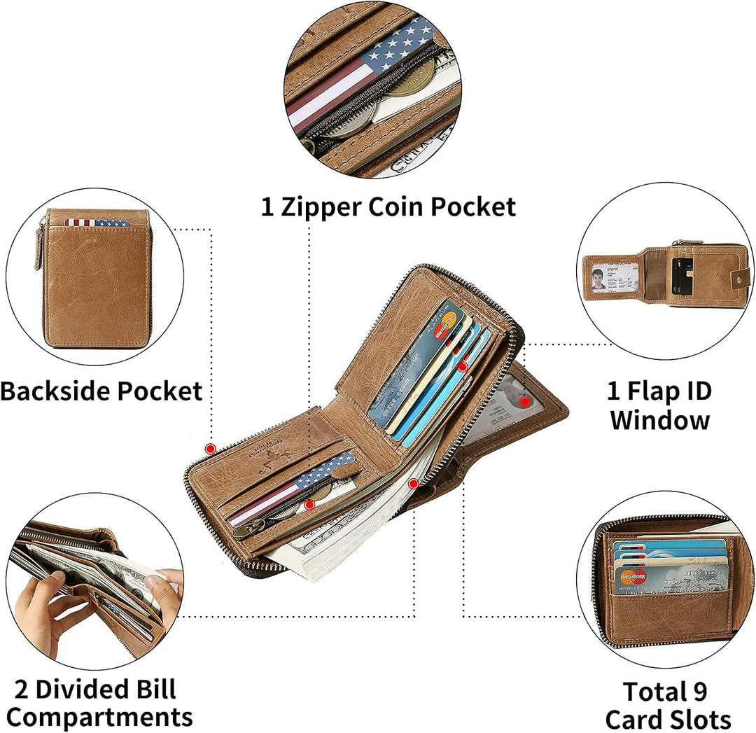 MING CLAN Cartera con cremallera para hombre, piel tabaco, bloqueo...