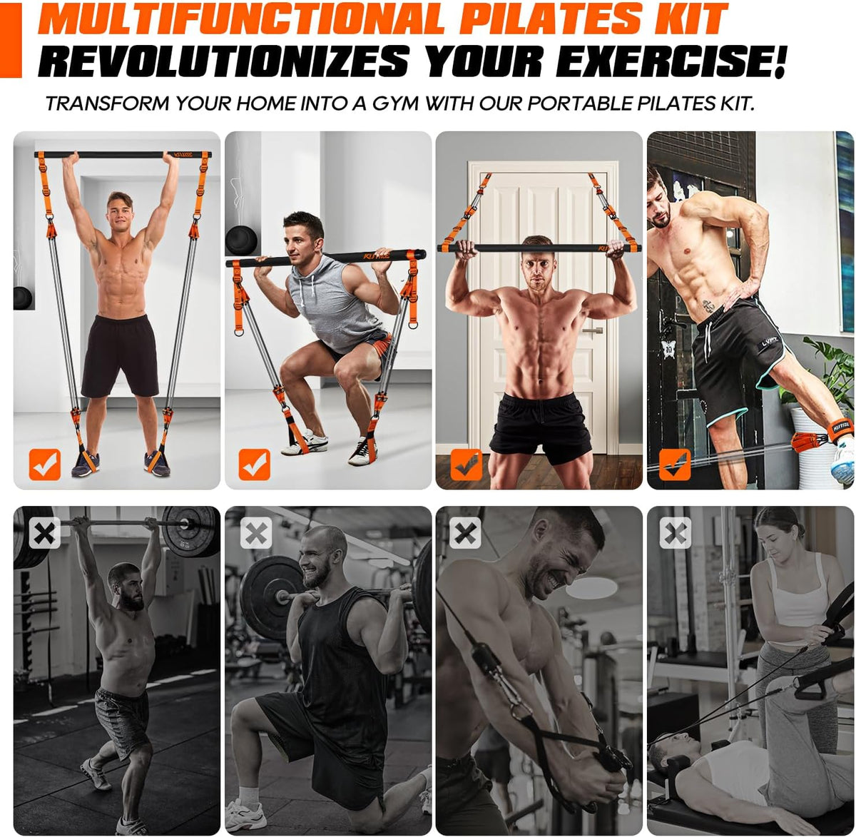 Kit de barra de pilates KUTIZE con bandas de resistencia, equipo de pilates de alta resistencia para hombres, bandas de entrenamiento con asas para piernas, cadera, espalda, brazo, abdominales, pecho