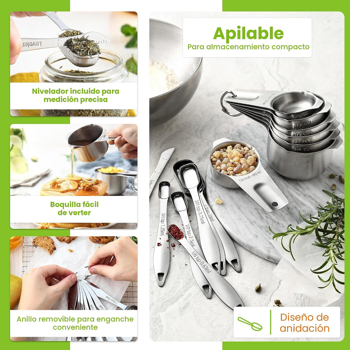 Spring Chef Juego de 14 tazas y cucharas medidoras de acero inoxidable