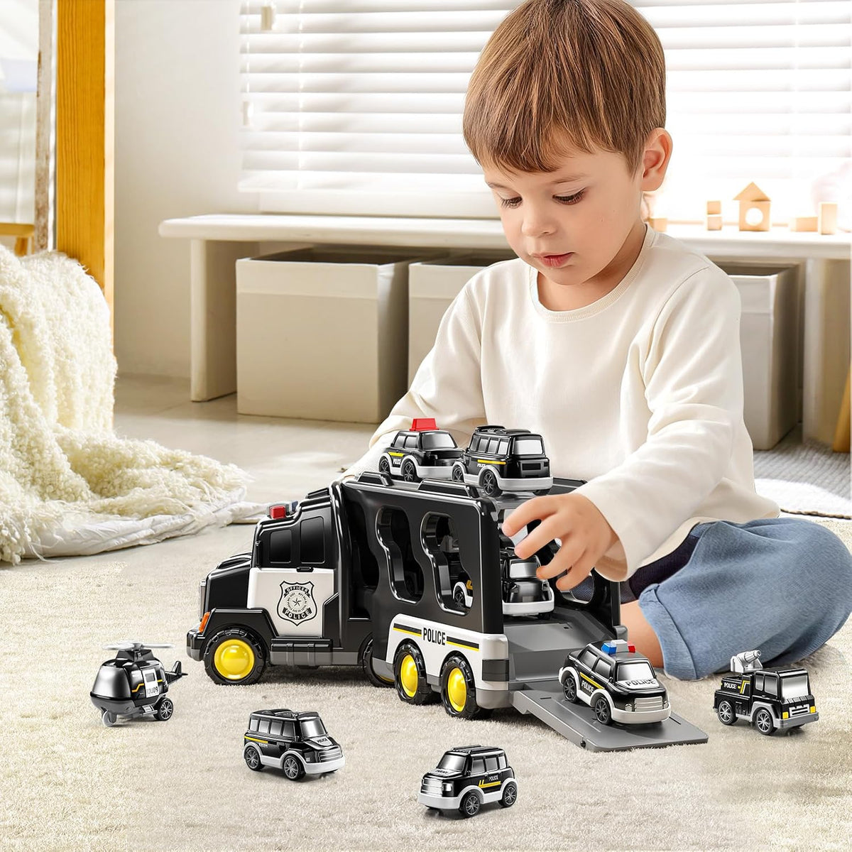 Camión de Policía de Juguete para Niños de 3 4 5 6 Años - Juego de Vehículo Portador con 3 Autos Pequeños y 1 Helicóptero, Auto de Fricción para Niños de 3-9 Años, Regalos para Niños y Niñas