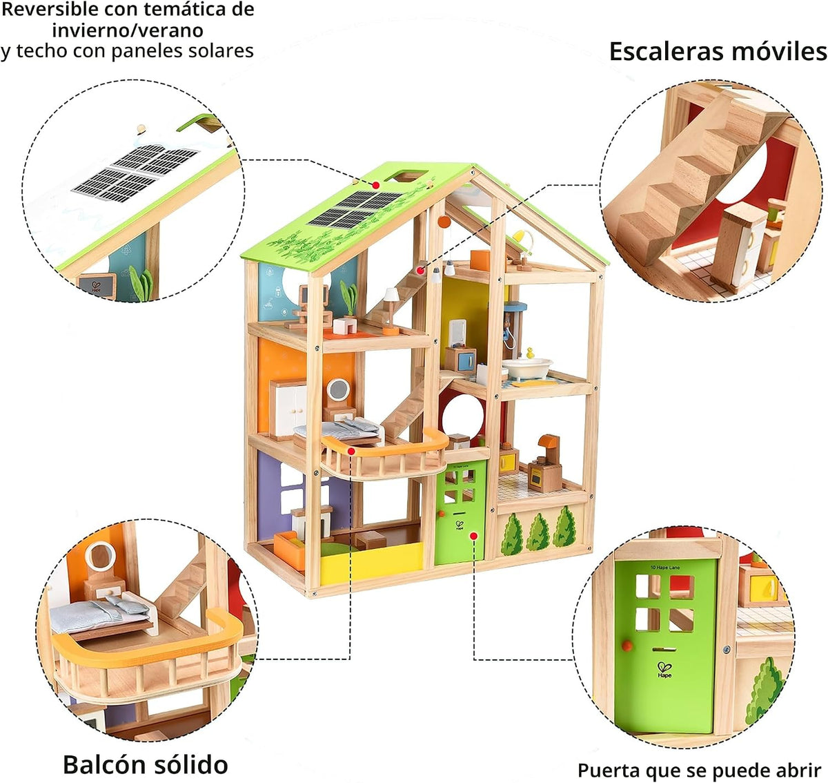 Casa de muñecas de madera "All seasons" amoblada con accesorios para niños de Hape