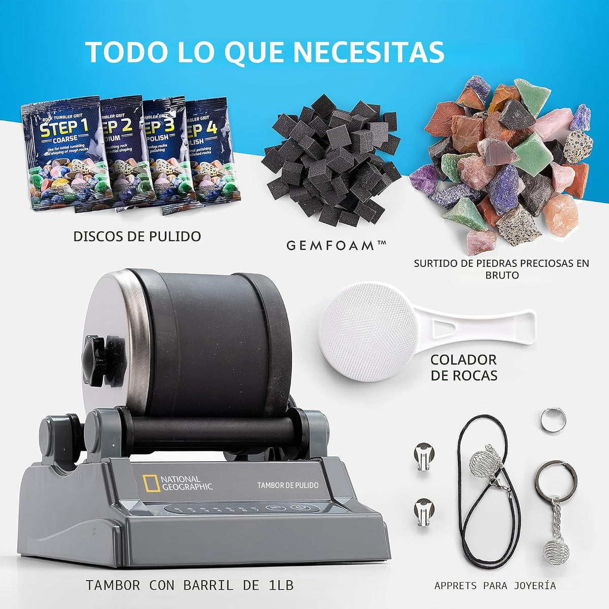 NATIONAL GEOGRAPHIC - Kit de vaso de roca Hobby Rock – Pulidor de rocas duradero a prueba de fugas con temporizador de 7 días – Kit completo de rock Tumbling – Pasatiempo de geología para niños