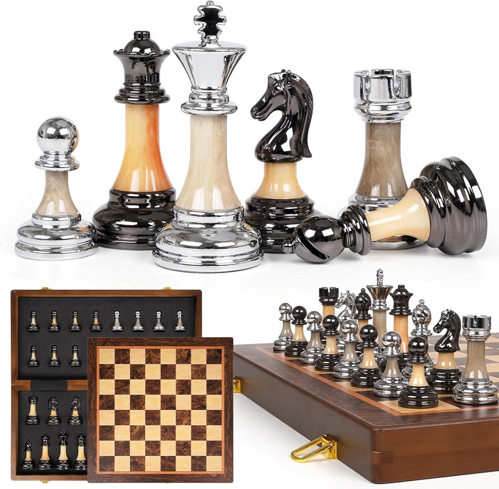 Juego de ajedrez grande de lujo de 17 pulgadas, tablero de ajedrez de madera con piezas de ajedrez de metal y acrílico, tamaño King de 3.5 pulgadas, 2 reinas adicionales, juego de ajedrez plegable para adultos y niños, exhibición de regalo, colección de