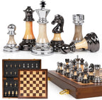 Juego de ajedrez grande de lujo de 17 pulgadas, tablero de ajedrez de madera con piezas de ajedrez de metal y acrílico, tamaño King de 3.5 pulgadas, 2 reinas adicionales, juego de ajedrez plegable para adultos y niños, exhibición de regalo, colección de